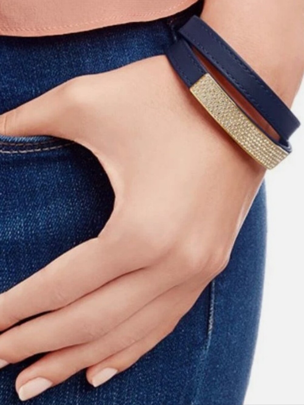 Swarovski Vio Navy Leather Bracelet Double Wrap Gold Plated 5120752-Like New